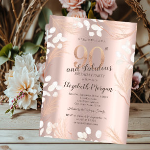 Boho Pampas Flowers Rose Gold 90th Birthday Invitation