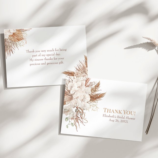 Boho Pampas Garden Bridal Shower Thank You Card (Boho Pampas Garden Bridal Shower Thank You Card on a sunny white table.)