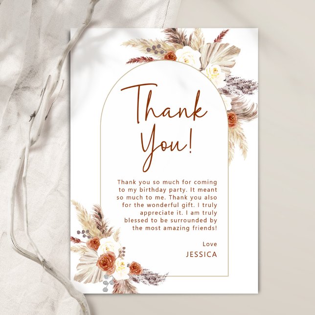 Boho Pampas Gras Terracotta Birthday Party Thank You Card (Creator Uploaded)