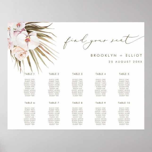 Boho Pampas Grass 10 Tables Wedding Seating Plan Poster (Front)