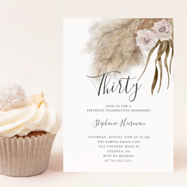 Boho Pampas Grass Adult 30th Birthday Party Invitation (Creator Uploaded)