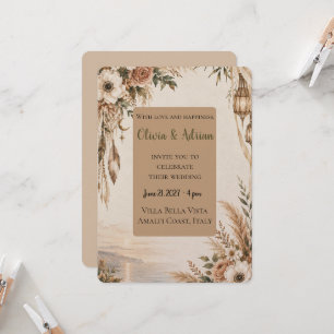 Boho Pampas Grass and Floral Terracotta Wedding Invitation