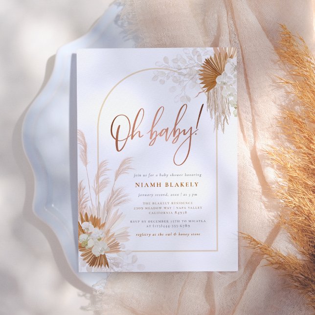 Boho Pampas Grass Arch Rose Gold Baby Shower Invitation (Creator Uploaded)