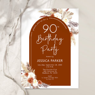 Boho Pampas Grass Arch Terracotta 90th Birthday Invitation