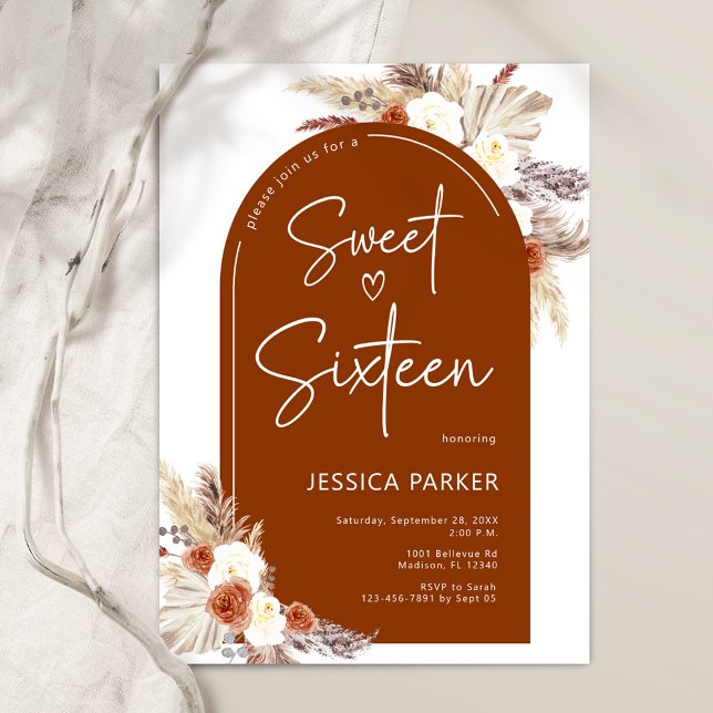 Boho Pampas Grass Arch Terracotta Sweet Sixteen Invitation (Creator Uploaded)