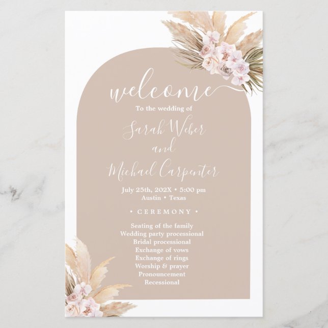Boho Pampas Grass Arch wedding program (Front)