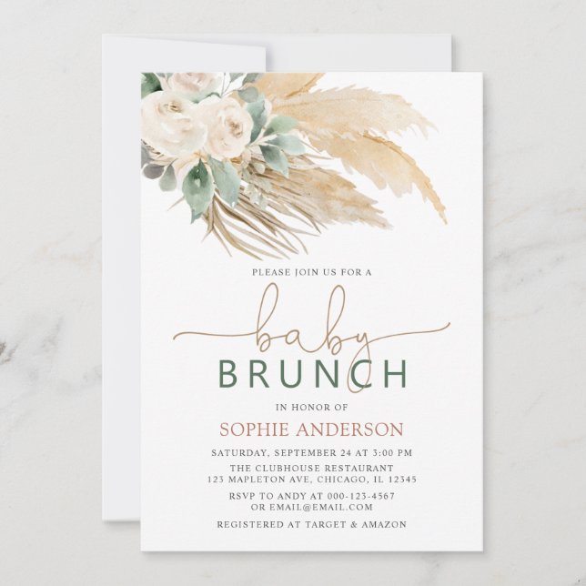 Boho Pampas Grass Baby Brunch Baby Shower Invitation (Front)