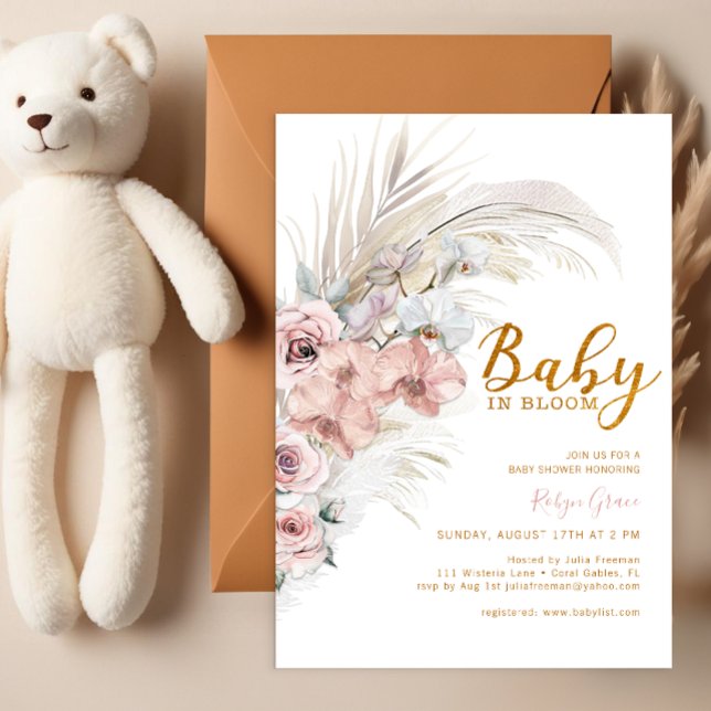 Boho Pampas Grass Baby in Bloom Shower Invitation (Beautiful Boho Baby Shower Invite)
