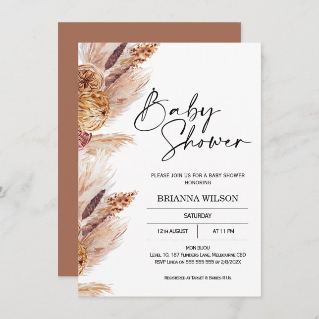 Boho Pampas Grass Baby Shower Invitation (Front/Back)