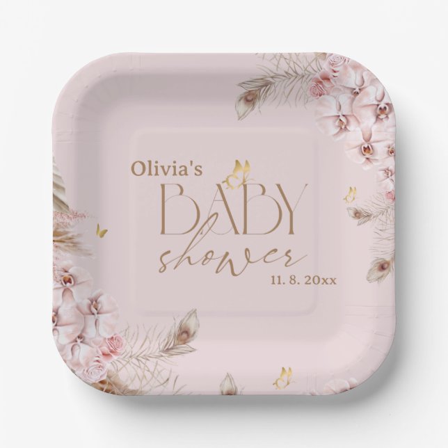  Boho Pampas Grass Baby Shower Paper Plate (Front)