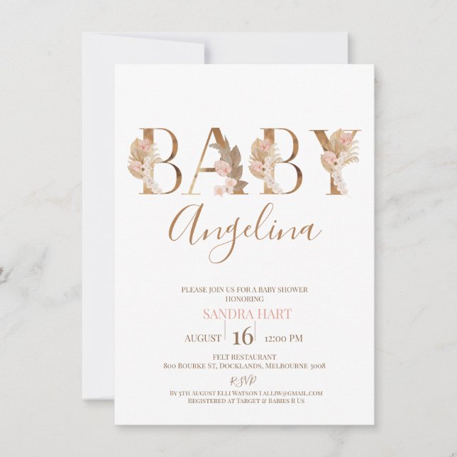 Boho Pampas Grass Baby's Name Baby Shower Invitation (Front)