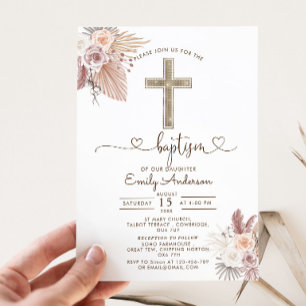 Boho Pampas Grass Baptism Christening  Invitation