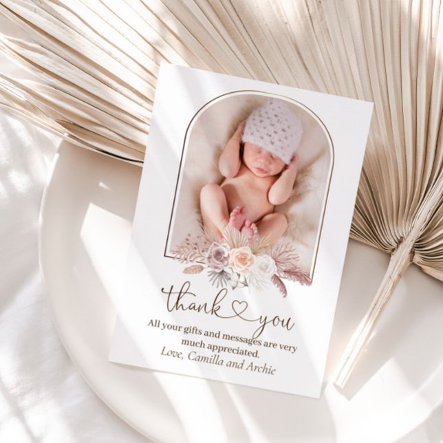 Boho Pampas Grass Baptism Christening  Thank You Card (Creator Uploaded)