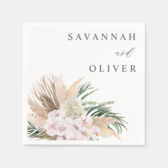 Boho Pampas Grass Beach Floral Name Napkin (Front)
