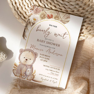 Boho Pampas Grass Bear Baby Shower Invitation