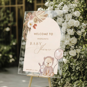 Boho Pampas Grass Bear Balloon Baby Shower Acrylic Sign