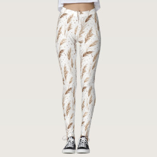 Boho Pampas Grass Beige Brown Star Pattern (1) Leggings