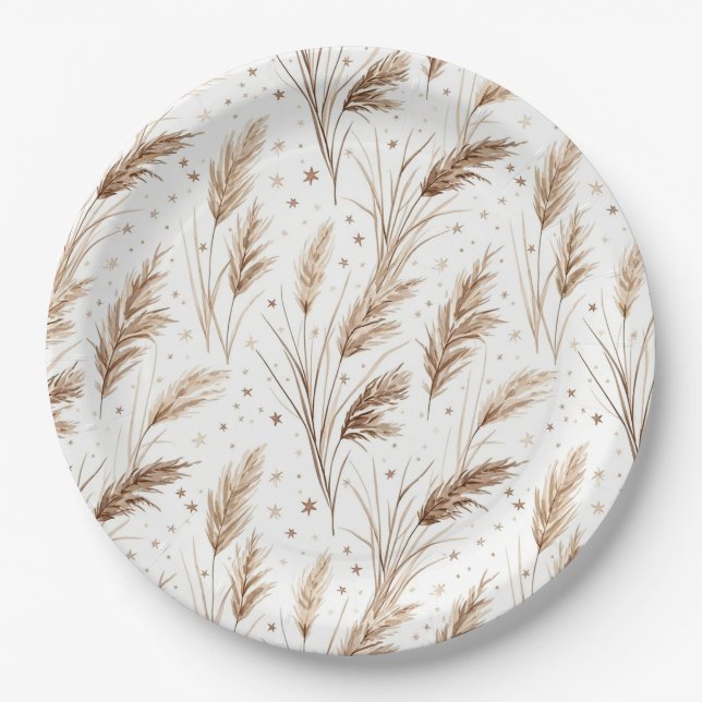 Boho Pampas Grass Beige Brown Star Pattern (1) Paper Plate (Front)
