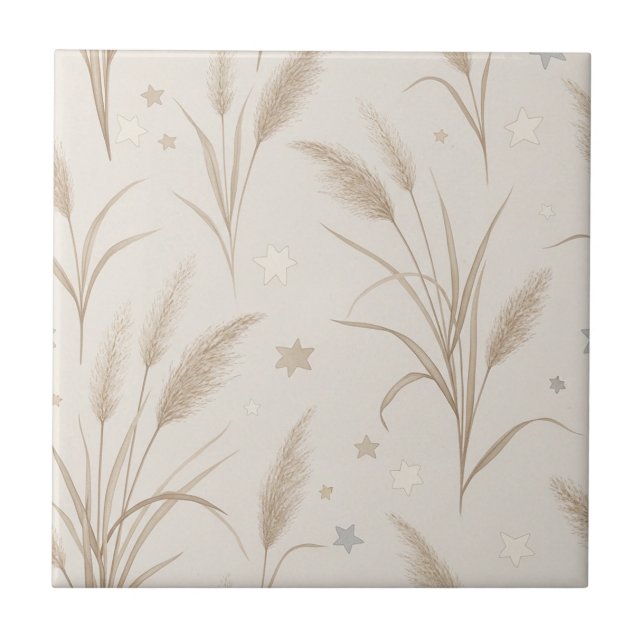 Boho Pampas Grass Beige Brown Star Pattern (2) Tile (Front)