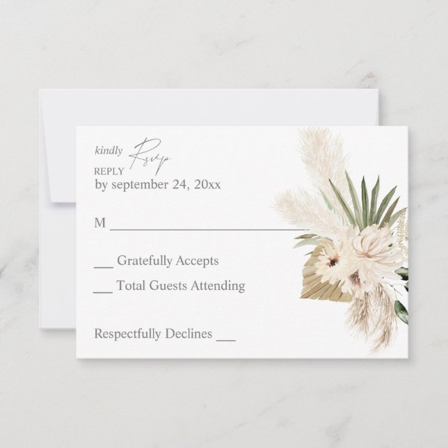 Boho Pampas Grass & Beige Floral no Meal  RSVP Card (Front)