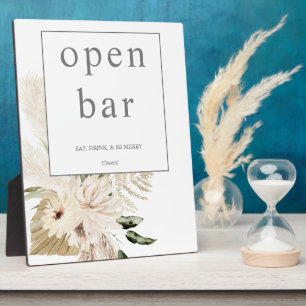 Boho Pampas Grass & Beige Floral Open Bar Sign 1 Plaque