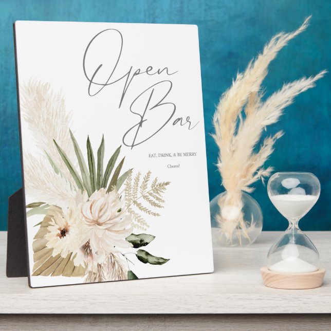  Boho Pampas Grass & Beige Floral Open Bar Sign 2 Plaque (Side)