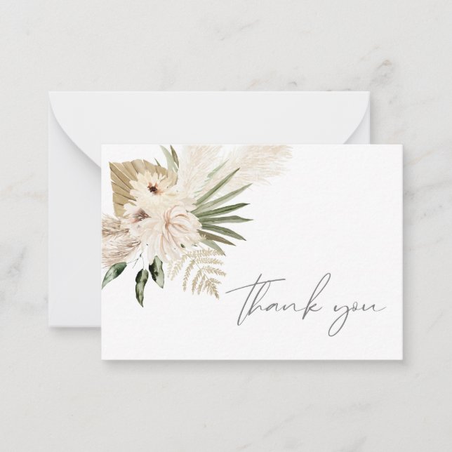 Boho Pampas Grass Beige Floral Thank You Note Card (Front)