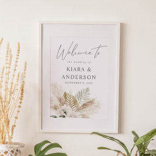 Boho Pampas Grass & Beige Floral Welcome Sign