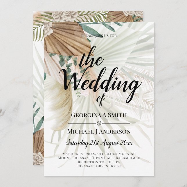BOHO Pampas Grass Beige Green Terracotta Wedding Invitation (Front/Back)