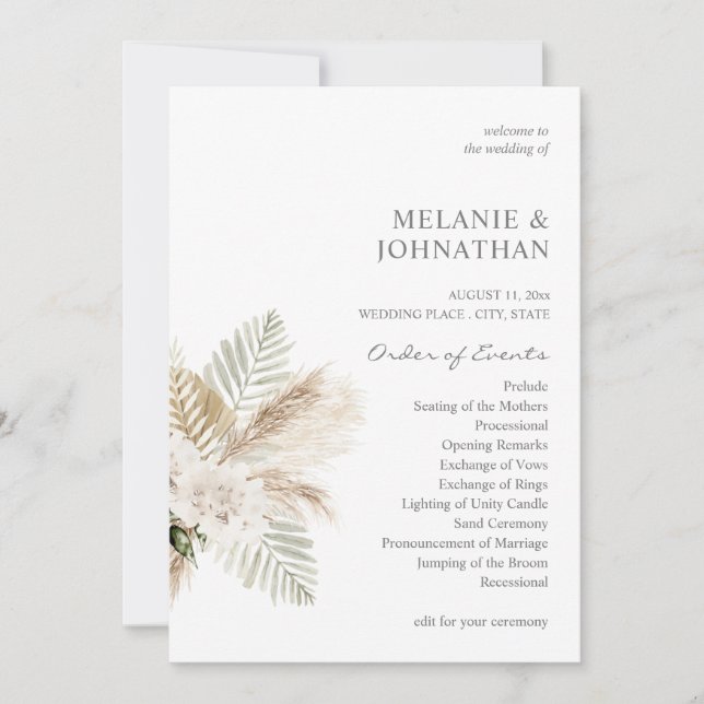 Boho Pampas Grass & Beige Wedding Ceremony Program Invitation (Front)