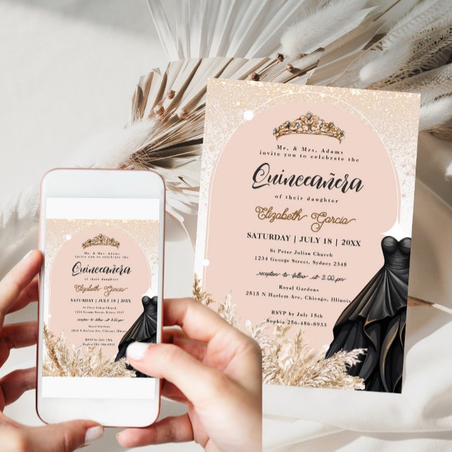 Boho Pampas Grass Black Dress Quinceanera Birthday Invitation (Creator Uploaded)