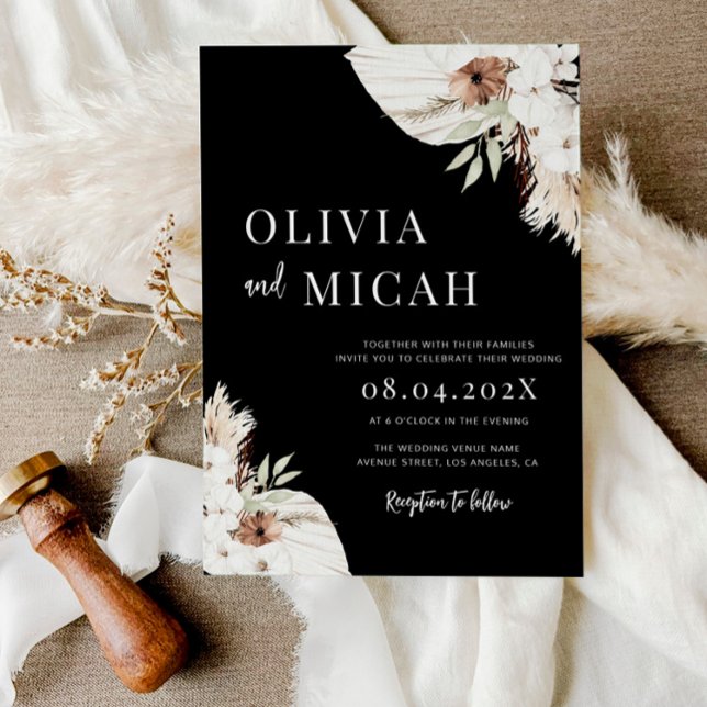 Boho pampas grass black wedding invitation (Creator Uploaded)