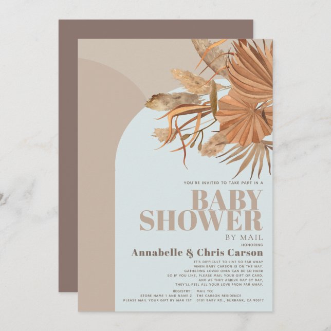Boho Pampas Grass Blue Baby Shower by Mail Invitation (Front/Back)