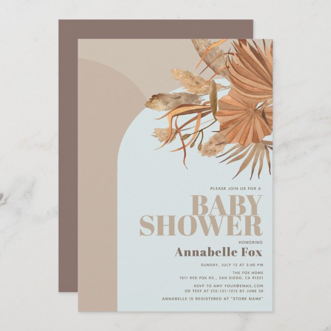 Boho Pampas Grass Blue Baby Shower Invitation (Front/Back)