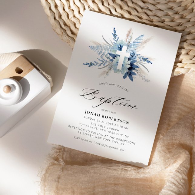 boho pampas grass blue floral cross baptism invitation (Creator Uploaded)