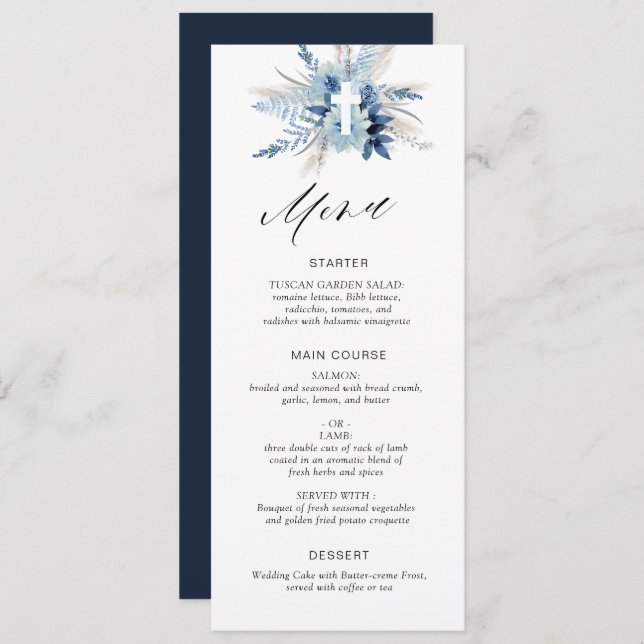boho pampas grass blue floral menu card (Front/Back)