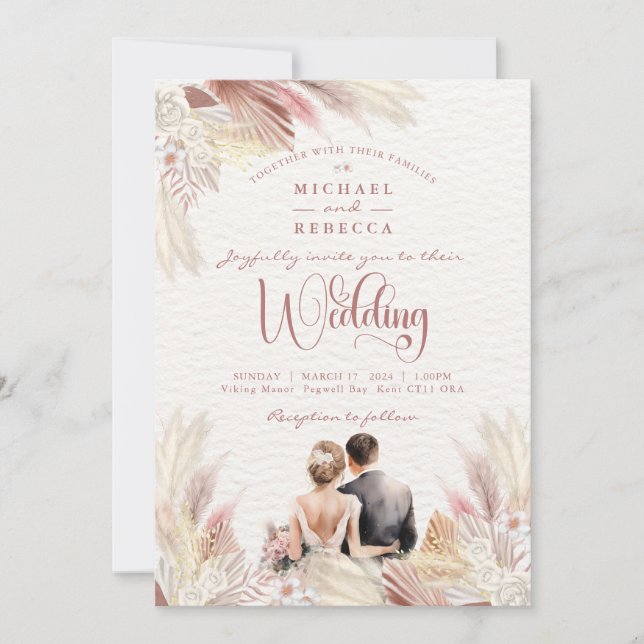 Boho Pampas Grass Blush Dusky Pink Wedding  Invita Invitation (Front)