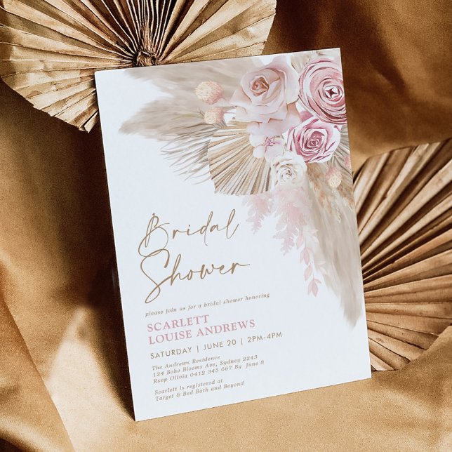 Boho Pampas Grass Blush Floral Bridal Shower Invitation (Creator Uploaded)
