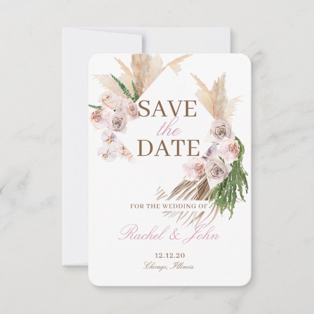Boho Pampas Grass Blush Floral Save the date (Front)