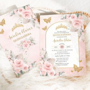 Boho Pampas Grass Blush Pink Floral Quinceañera Invitation