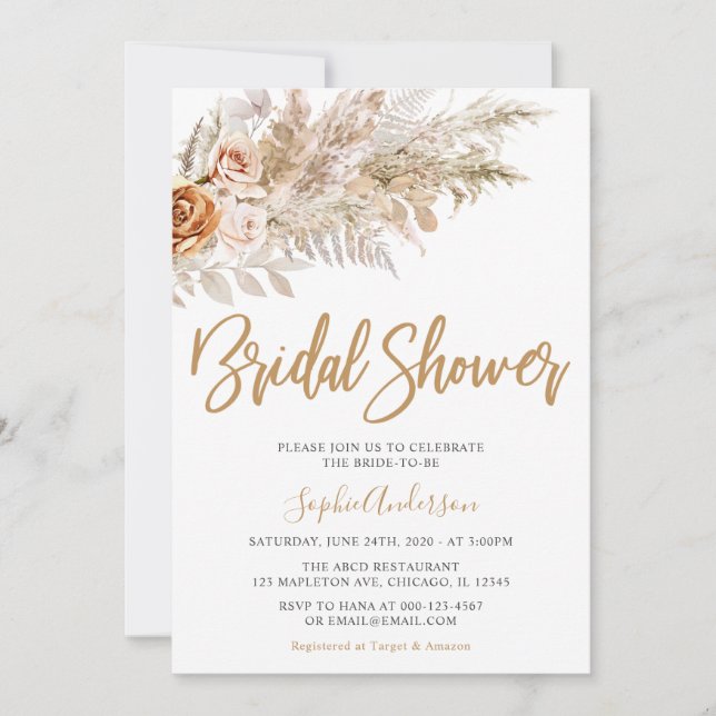 Boho Pampas Grass Bohemian Bridal Shower Invitation (Front)