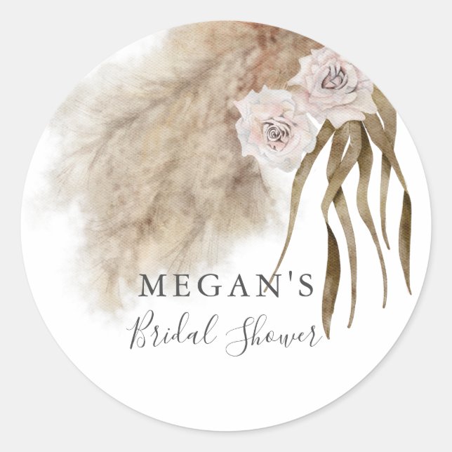 Boho  Pampas Grass Botanical Bridal Shower Classic Round Sticker (Front)