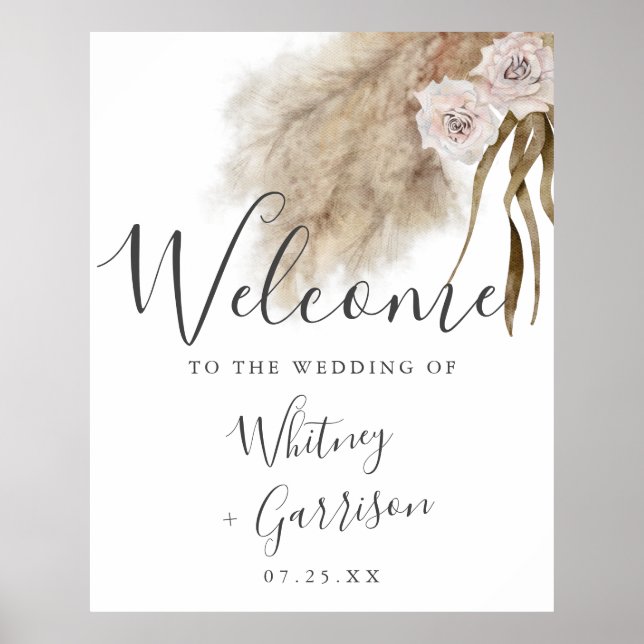 Boho Pampas Grass Botanical Wedding Welcome Sign (Front)