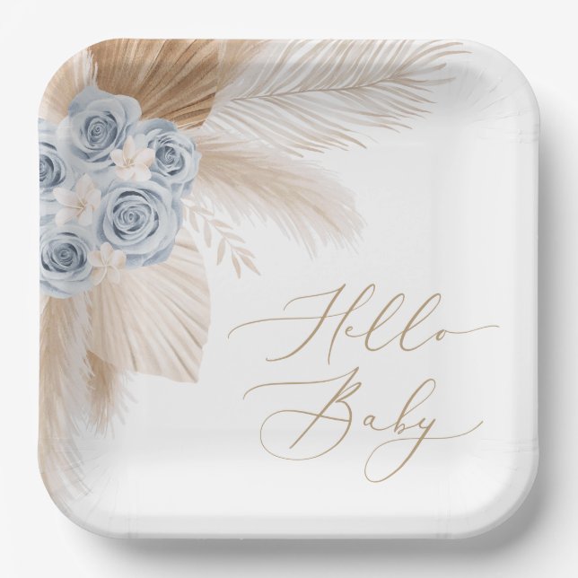 Boho Pampas Grass Boy Baby Shower Paper Plates (Front)