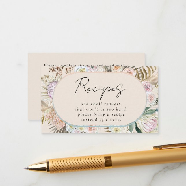 Boho Pampas Grass Bridal Shower Recipe Request Enclosure Card (Front/Back In Situ)