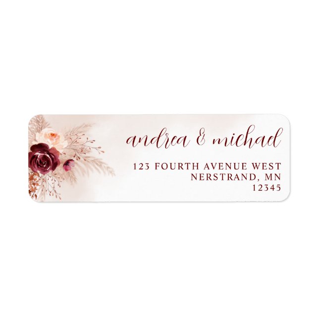 Boho Pampas Grass Burgundy Roses Wedding Label (Front)