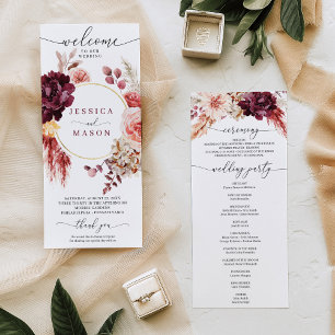 Boho Pampas Grass Burgundy Wedding Program Programme