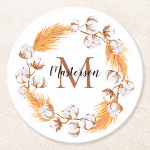 Boho Pampas Grass   Cotton Wreath Monogram Round Paper Coaster