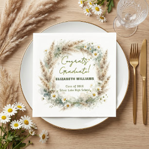 Boho Pampas Grass Daisy Watercolor Graduation Napkin