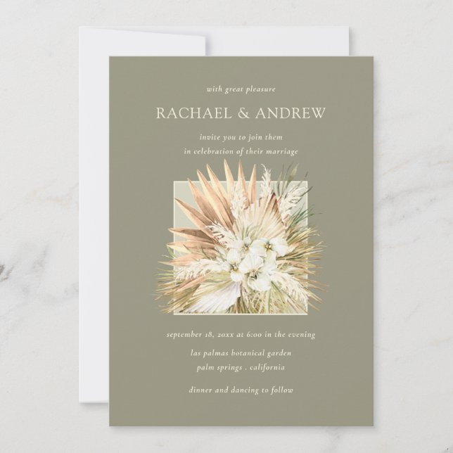 Boho Pampas Grass Dried Flowers Bouquet Wedding Invitation (Front)